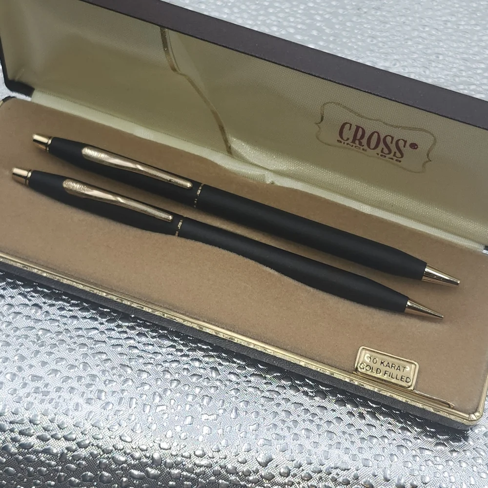 VINTAGE BLACK CROSS BALL PEN & PENCIL SET 10k gold filled w/case D2